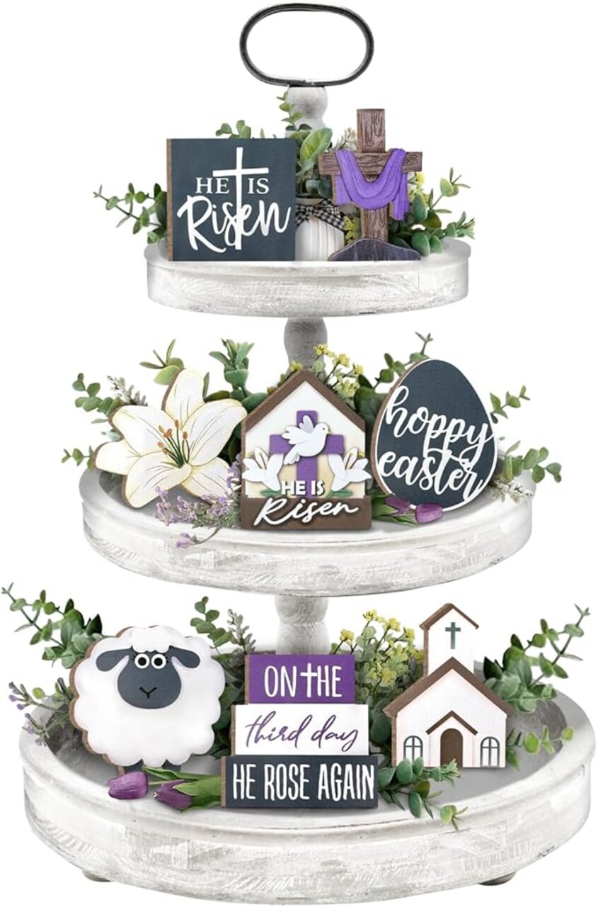 Easter Tiered Tray Decor, Farmhouse Tray Decorations, Happy Easter He is Risen Christian Cross Eggs Lily Sheep Wooden Signs, Spring Religious Rustic Decor for Home Church Table Shelf Mantel